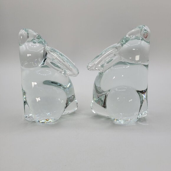 Vintage Heavy Clear Glass Rabbit Figurines Paperweights Bookends Set of 2 - Picture 4 of 8